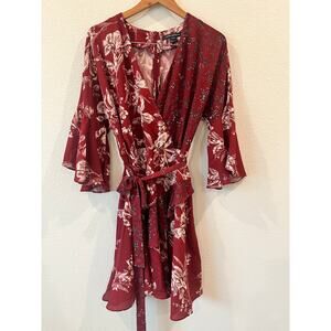 French Connection Womens Red / White Mini Floral Wrap Tie Dress Holiday | Sz 12